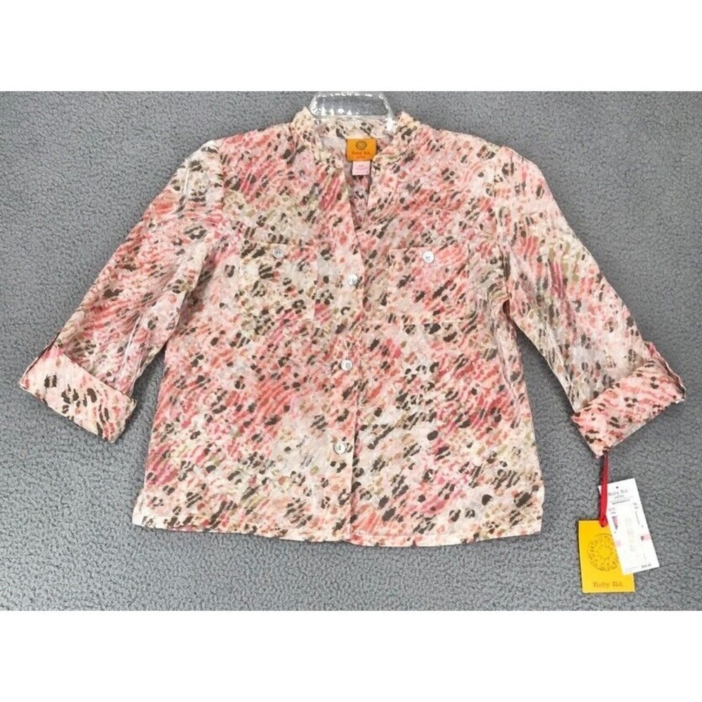 Ruby Rd Sheer Blouse Women Size 10 Petite 3/4 Sleeve Button Up Multicolor
